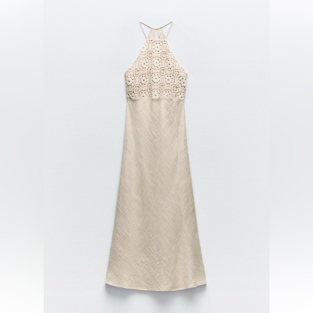 ZARA CROCHET AND LINEN HALTER MAXI DRESS